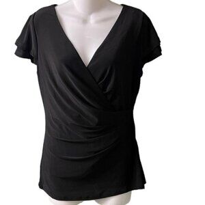 CeCe Black Ruched Surplice Deep V-Neck Flutter Sleeve Blouse Small